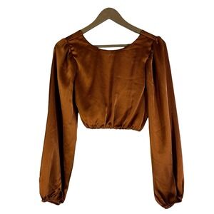 LE LIS COLLECTION Womens Brown Satin Long Sleeve Cropped Twist Front Top Size S